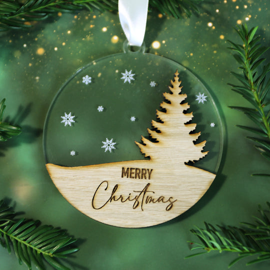 Merry Christmas Acrylic & Oak Christmas Tree Decoration