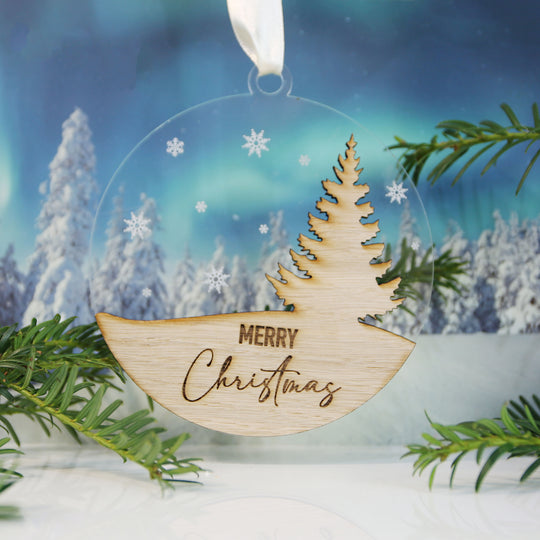 Merry Christmas Acrylic & Oak Christmas Tree Decoration