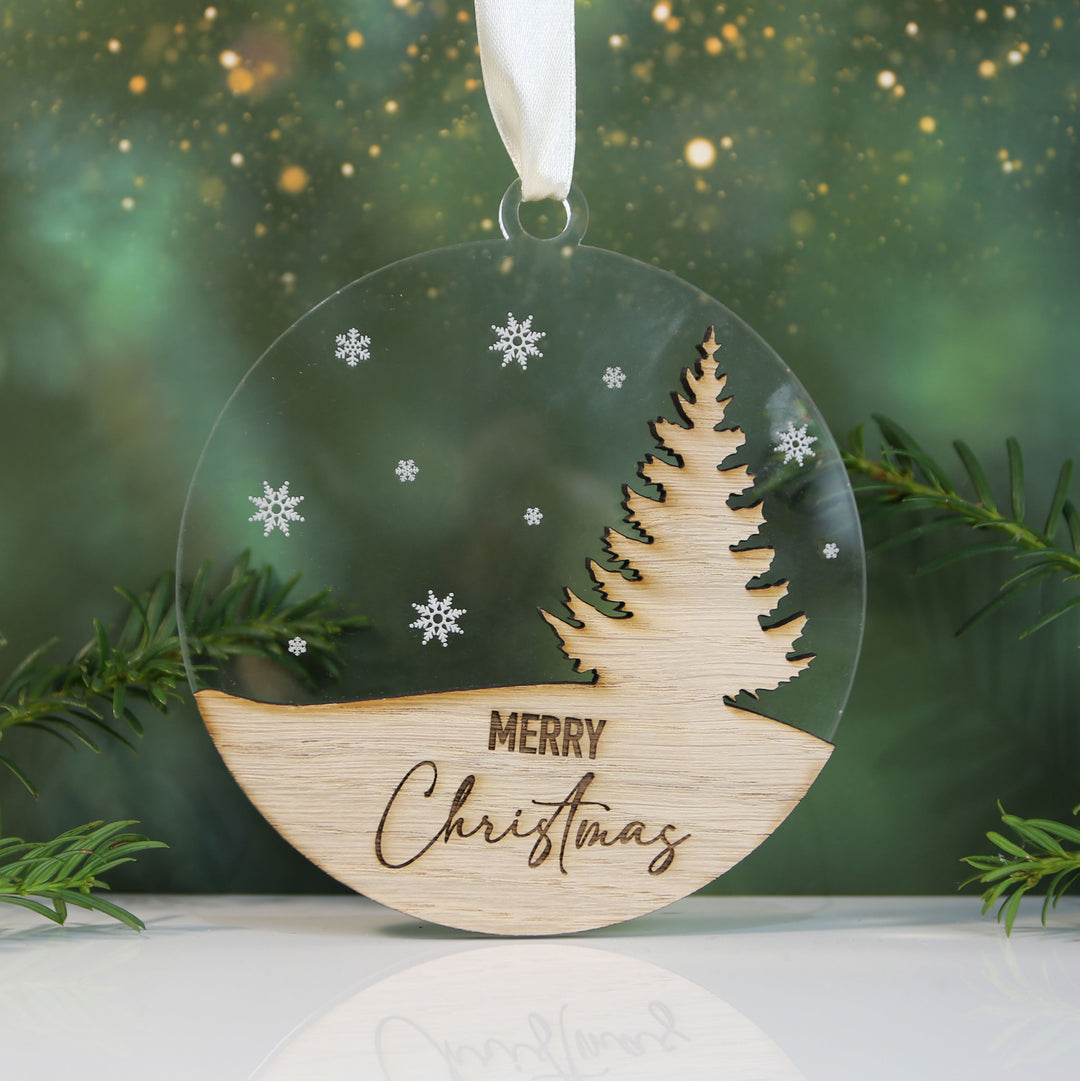 Merry Christmas Acrylic & Oak Christmas Tree Decoration