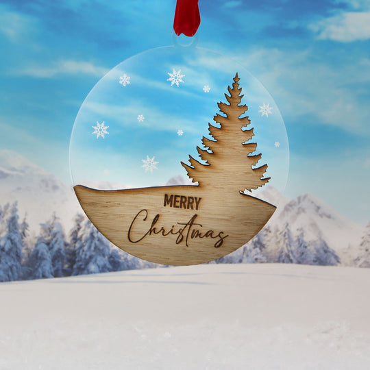 Merry Christmas Acrylic & Oak Christmas Tree Decoration