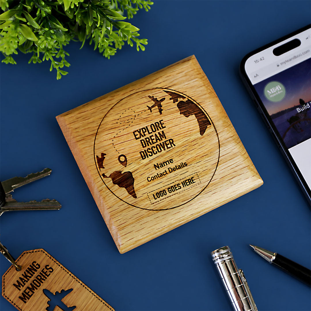 Solid Oak Explore, Dream, Discover Coaster