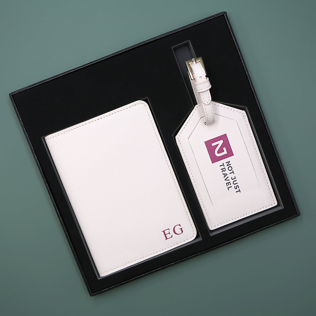 Personalised Passport Holder & Luggage Tag Gift Set White