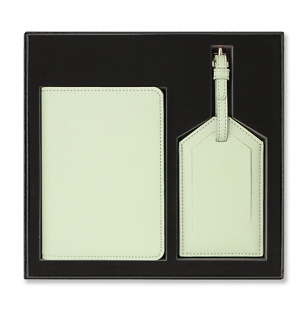 Personalised Passport Holder & Luggage Tag Gift Set Sage Green
