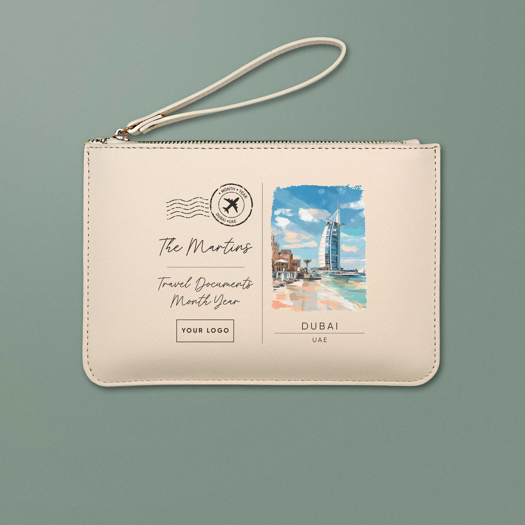 Beige pouch with travel design and text on a green background